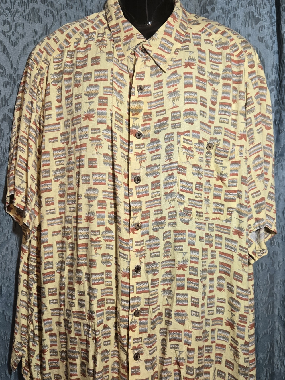 Caribbean Short-Sleeve Button-Down Shirt in Yellow with Red and Blue Accents